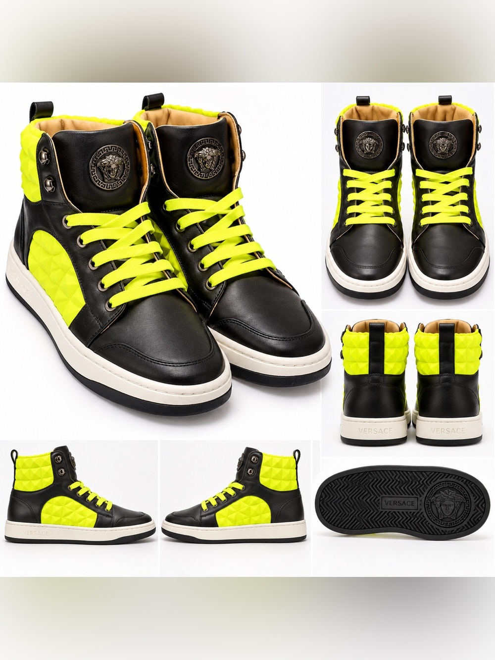 Versace Young Black Leather High-Top Sneakers with Neon Yellow Laces - Picture 2 of 9